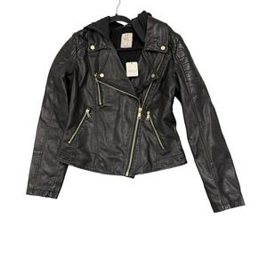 Free People We The Free Jacket Womens Medium Black Vegan Leather Hooded Moto